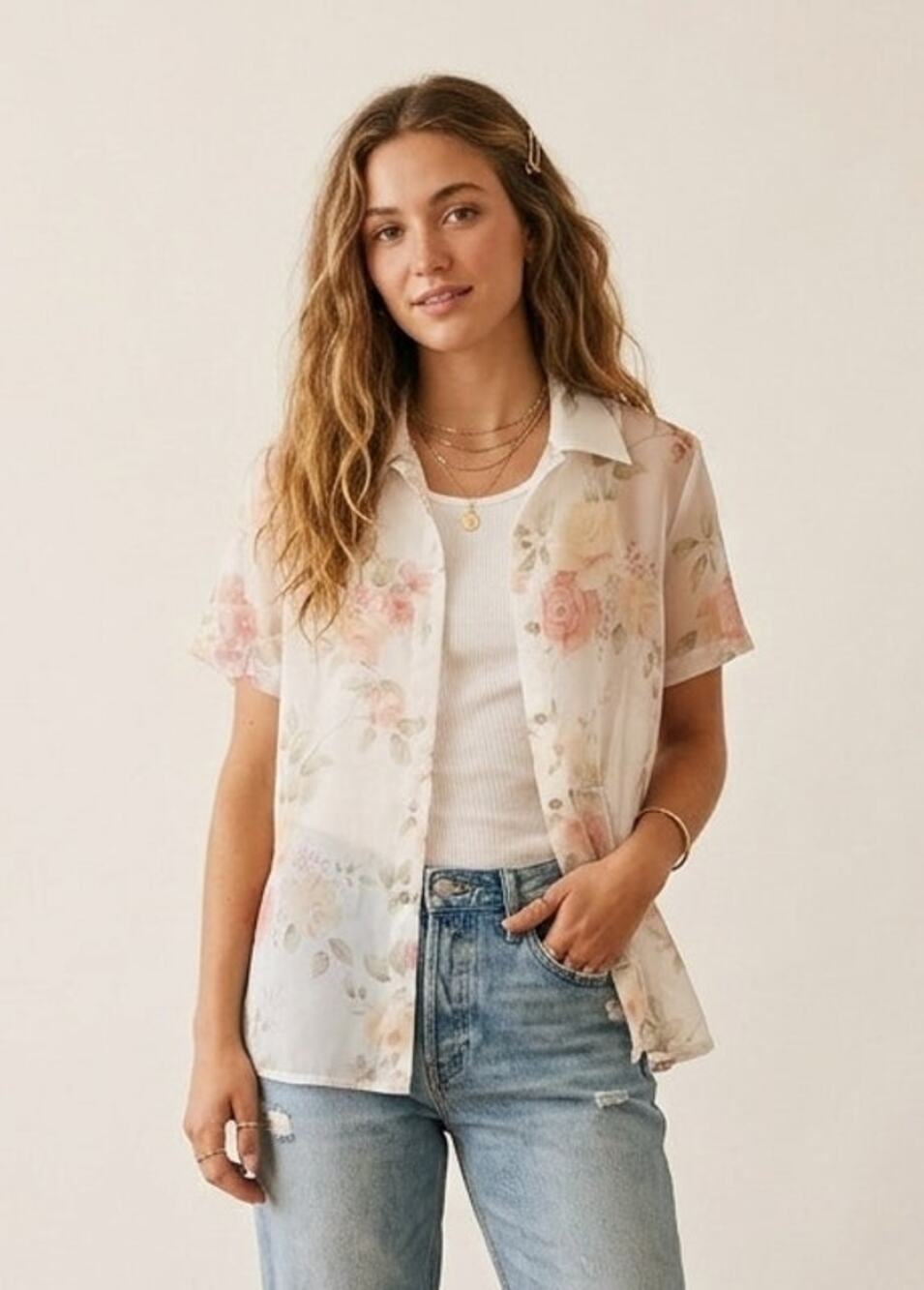 Vintage 90s Erena Sheer Pastel Rose Button Up MP Fairycore Coquette Cottagecore